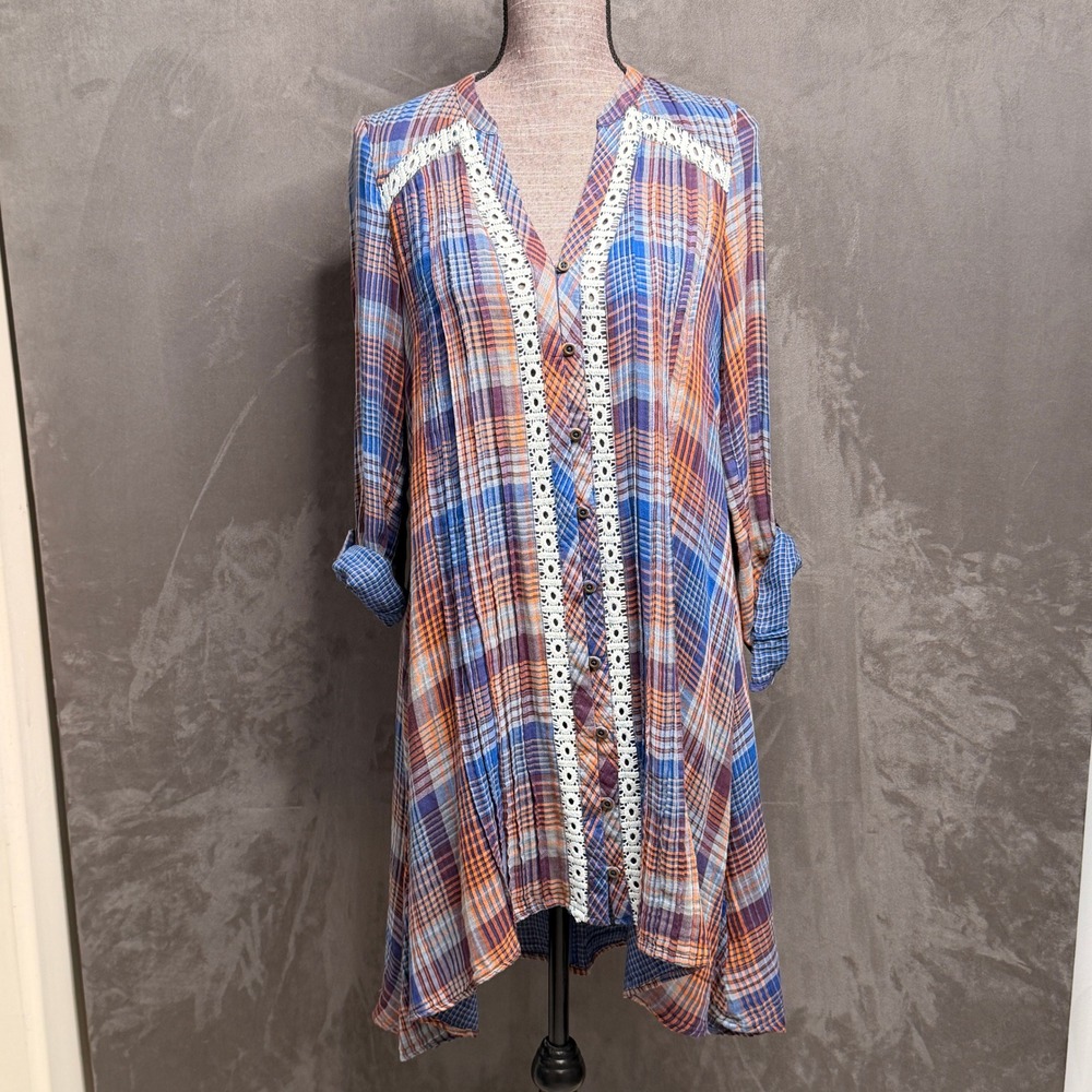 Holding Horses Shirt Dress Womens XS Blue Orange Plaid Lace Trim Boho Western